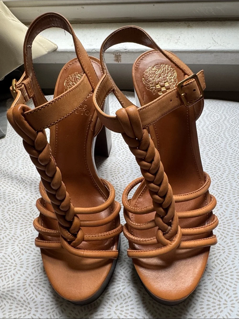 Braided Leather Slingback Heels in Tan
